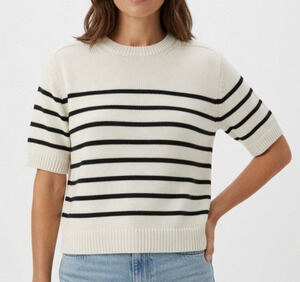 Abercrombie & Fitch Womens S Ivory Black Stripe Short Sleeve Knit Sweater Preppy